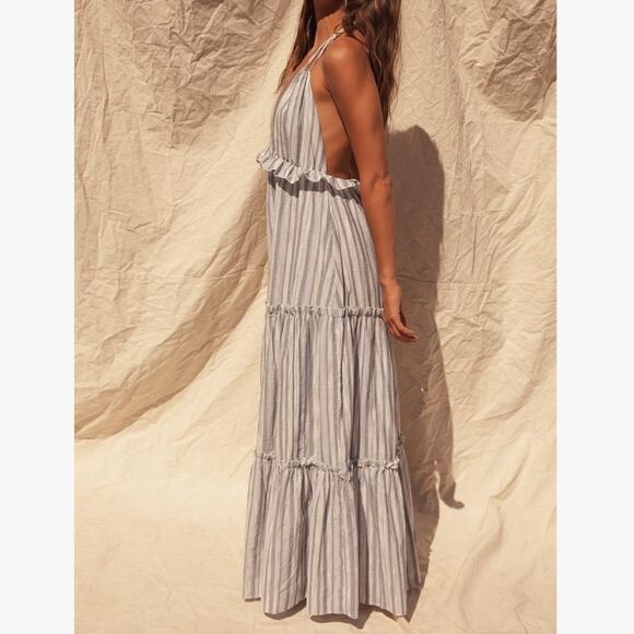 NWT LULUS Vacay Babe Grey Striped Halter Maxi Dress S - Picture 7 of 12